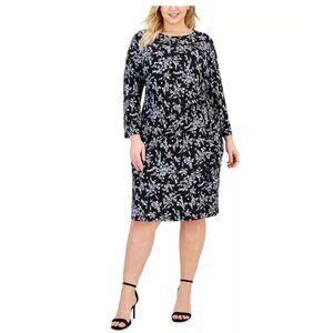 Kasper Midi Dress Size 2X Dark Floral Black Blue Pink Long Sleeve Tie Waist NEW